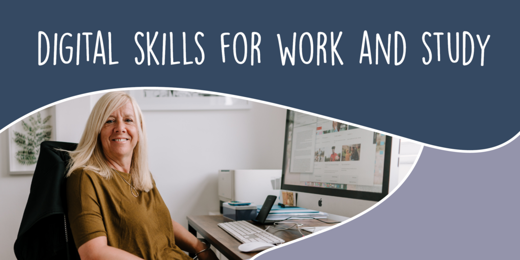 Person smiling using digital skills in home office